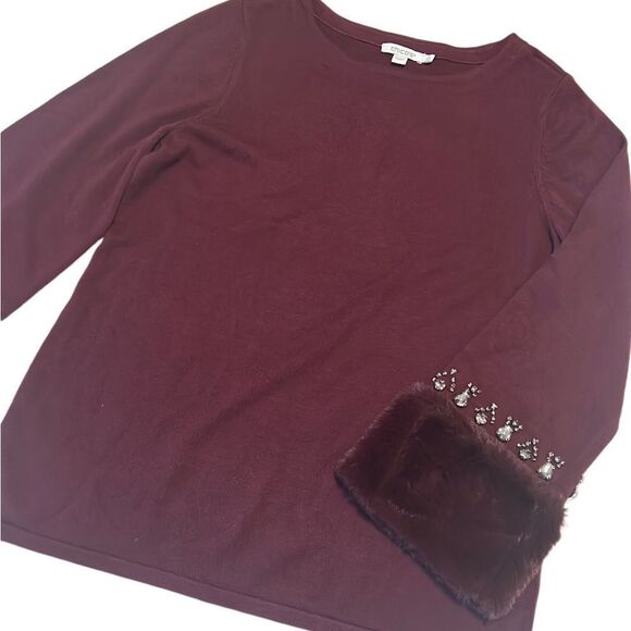 Chico’s Deep Merlot Faux Fur Embellished Pullover Sweater. Size Medium - Picture 1 of 11